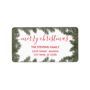 Winter modern pine branch script red Christmas Label