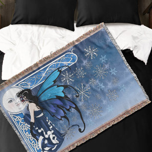 Winter Moon Fairy Blue Throw Blanket