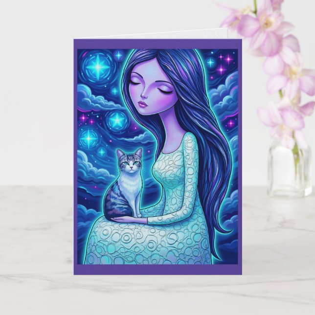 Winter Moon Maiden Silver Cat Fantasy Art Card (Orchid)