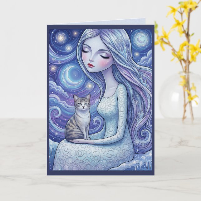 Winter Moon Maiden Silver Cat Fantasy Christmas  Card (Yellow Flower)