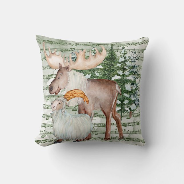 Winter Moose and Goat Throw Pillow (Front)