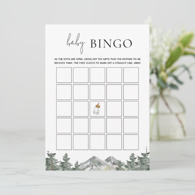 Winter Mountain Baby Shower Bingo Game Cards (Standing Front)