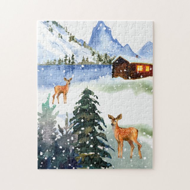 Winter mountain cabin with deer Puzzle (Vertical)