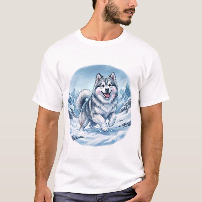 Winter Mountain Dog Chest Print T-Shirt (Front)