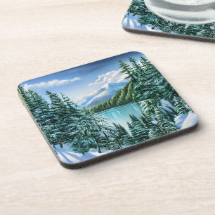 Winter Mountain Lake Pine Trees Nature Coaster