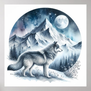 Winter Mountain Landscape with Wolf Poster