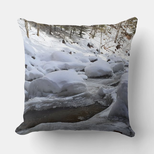 Winter Mountain River – Wild Nature Romania Throw Pillow (Front)