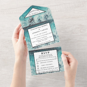 Winter Mountain RSVP Watercolor Forest Wedding All In One Invitation