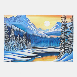 Winter Mountain Sunset Glow Kitchen Towel