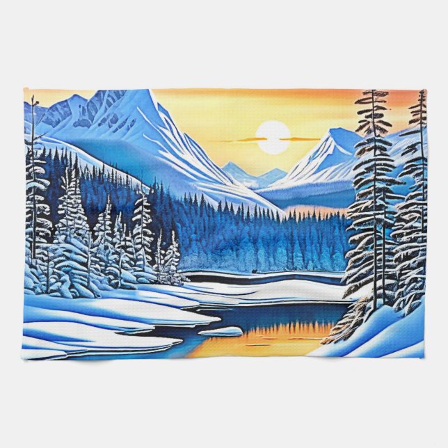 Winter Mountain Sunset Glow Kitchen Towel (Horizontal)