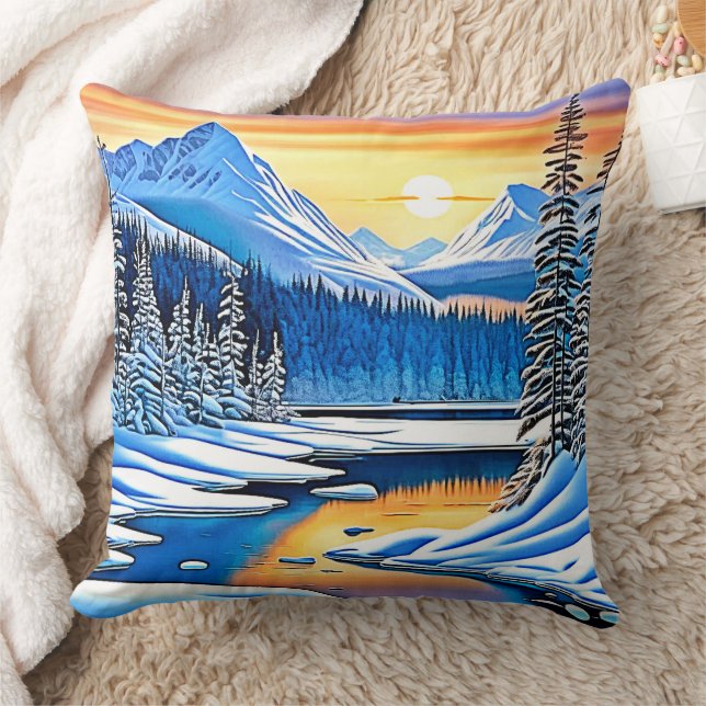 Winter Mountain Sunset Glow Throw Pillow (Blanket)