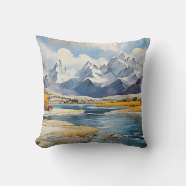Winter Mountains and Lake Throw Pillow (Front)
