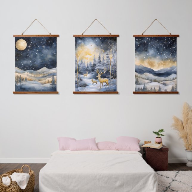 Winter Mountains Deer Stars Navy Landscapes Hanging Tapestry (Bedroom)