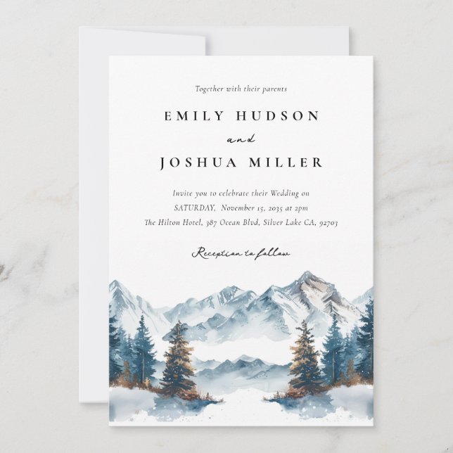 Winter Mountains Pine Tree All in One Wedding Invitation (Front)