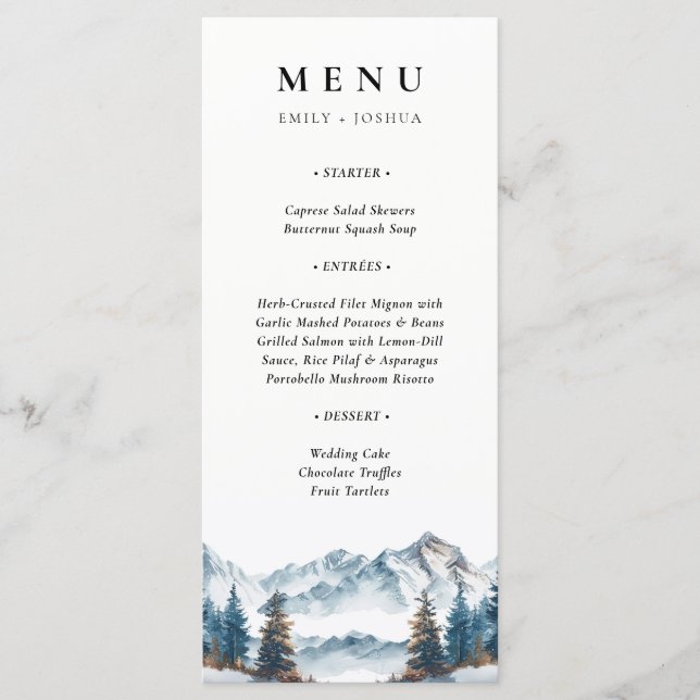 Winter Mountains Pine Tree Wedding Menu (Front)