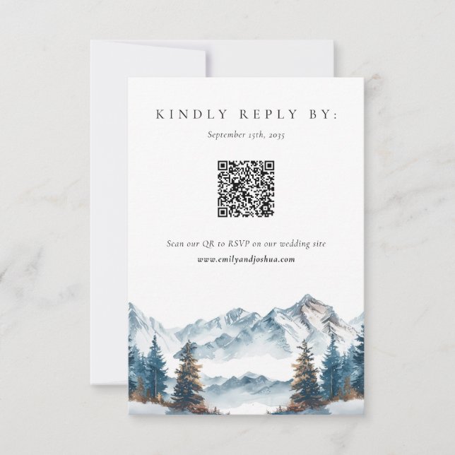 Winter Mountains Pine Tree Wedding RSVP (Front)