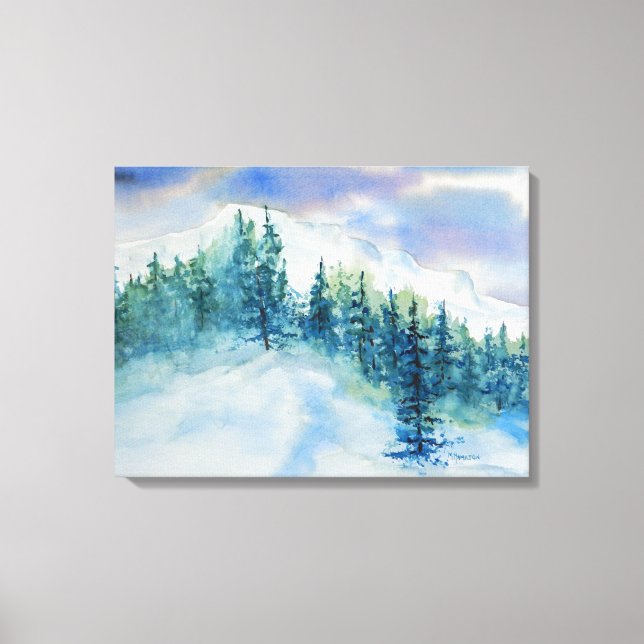 Winter Mountains Snow Trees Watercolor Canvas Print (Front)