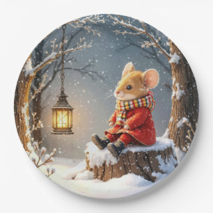 Winter Mouse and Forest Lantern In Snowflakes Paper Plate
