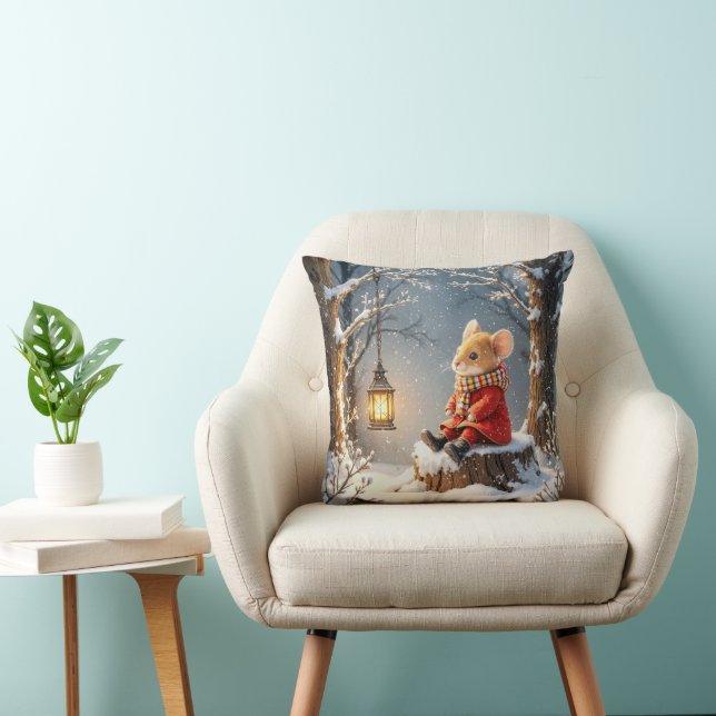 Winter Mouse and Forest Lantern In Snowflakes Throw Pillow (Chair)