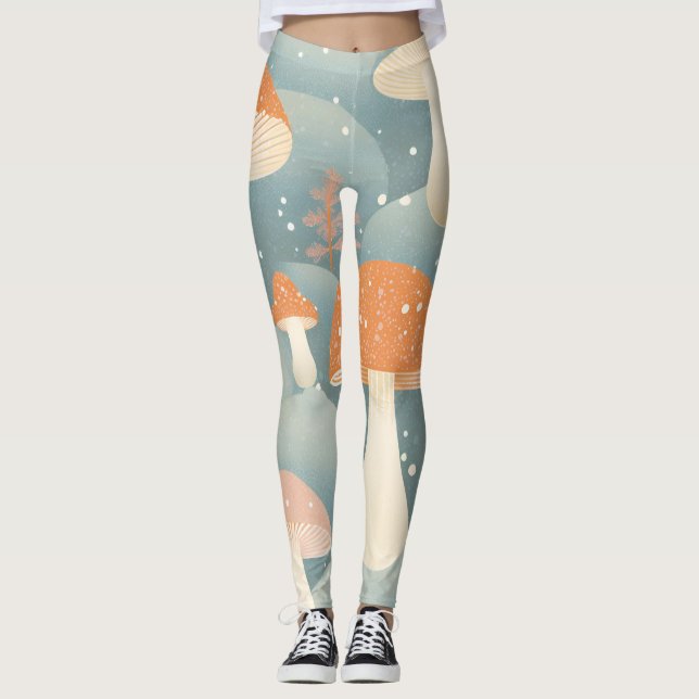 Winter Mushroom Print Leggings in Pastel Colours (Front)