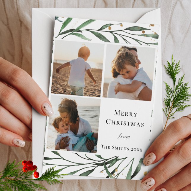 Winter Nature | Gold Confetti Green Foliage Holiday Card (Creator Uploaded)