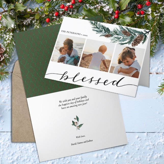 Winter Nature | Pine Cone Three Photo Collage Holiday Card (Creator Uploaded)