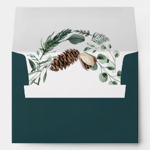 Winter Nature   Watercolor Ivory Magnolia Pinecone Envelope