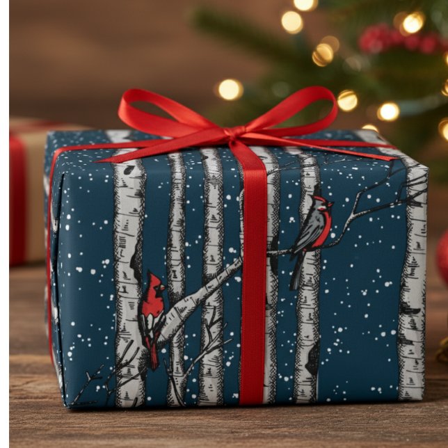 Winter Navy Blue Cardinal Birds Snow Birch Trees Wrapping Paper (Elegant Winter Wrapping Paper for Christmas. Modern Red Cardinals in Birch Forrest of Snowy Trees)
