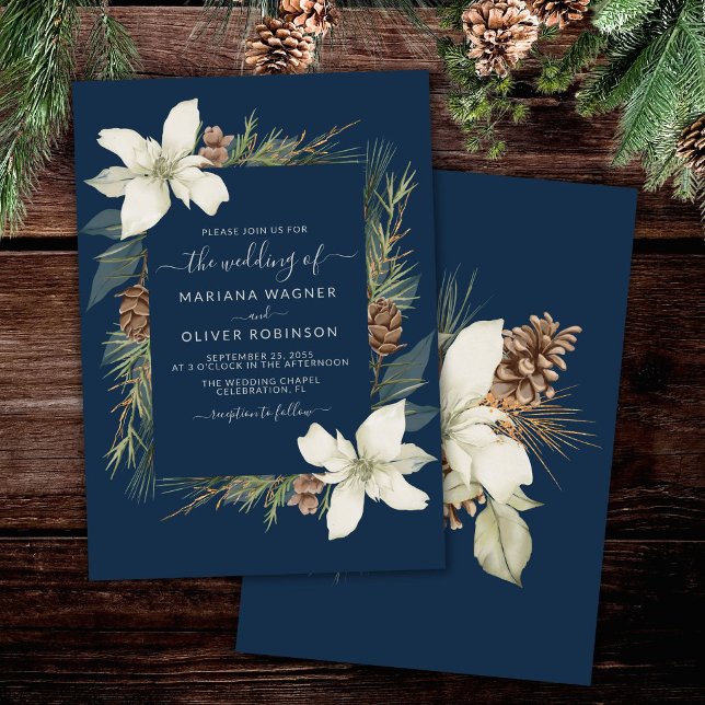 Winter Navy Blue Elegant Script Wedding Invitation (Creator Uploaded)