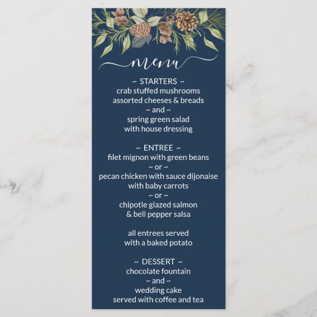 Winter Navy Blue Elegant Script Wedding Menu (Front)