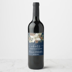 Winter Navy Blue Elegant Script Wedding Wine Label