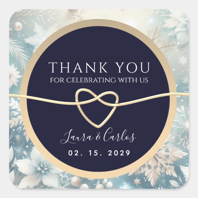 Winter Navy Blue Wedding Thank You Square Sticker (Front)
