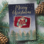 Winter Navy Red Watercolor Snow Trees Christmas  Card<br><div class="desc">This modern and elegant winter wonderland-themed Christmas photo greeting card is the perfect choice for the holiday season. The design depicts a hand-painted watercolor navy blue to grayish blue gradient sky with forest green and faux gold foil pine trees. A majestic white snowfall covers the card with matching gold typography....</div>