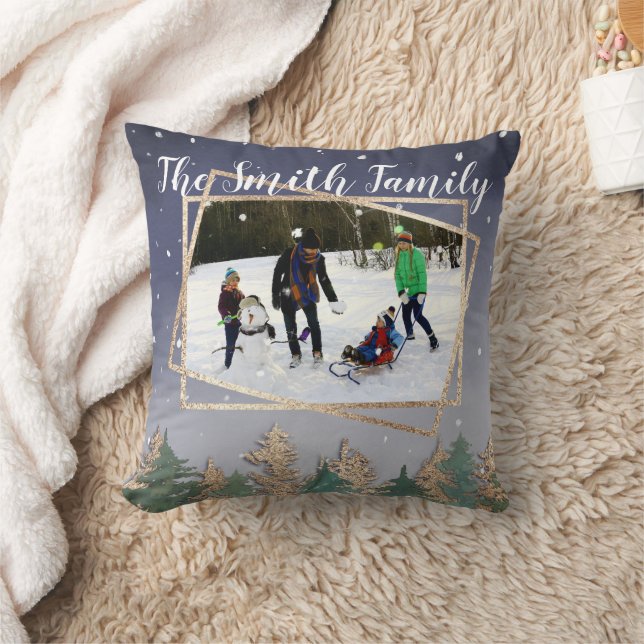 Winter Navy Watercolor Snow Trees Christmas Photo Throw Pillow (Blanket)