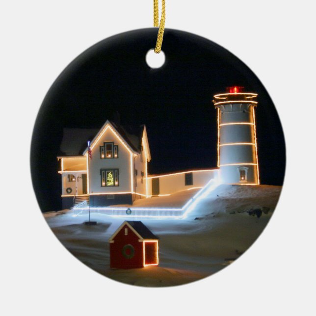 Winter night at Nubble Light. Ceramic Ornament (Front)