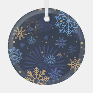 Winter Night: Blue Snowflake Pattern. Glass Ornament