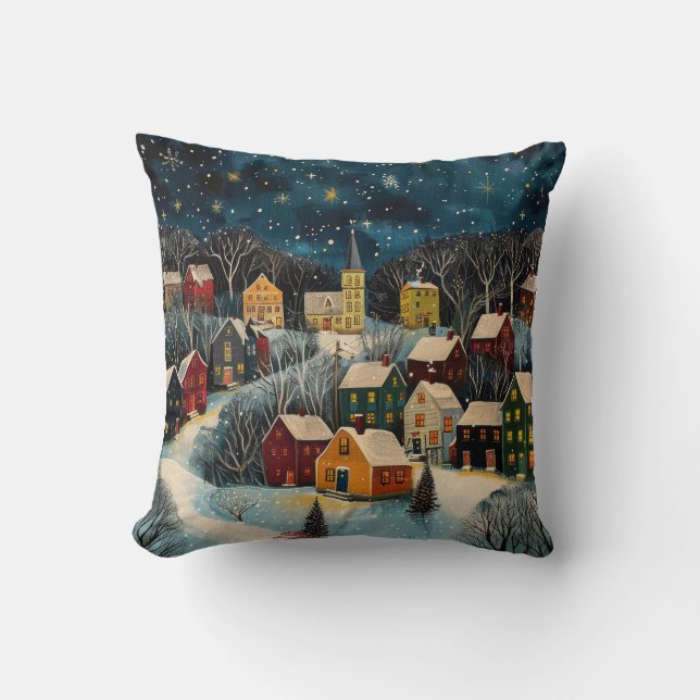 Winter Night Folk Art Oil Painting Poster Throw Pillow (Front)