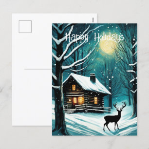 Winter Night Forest Log Cabin Deer Christmas Holiday Postcard