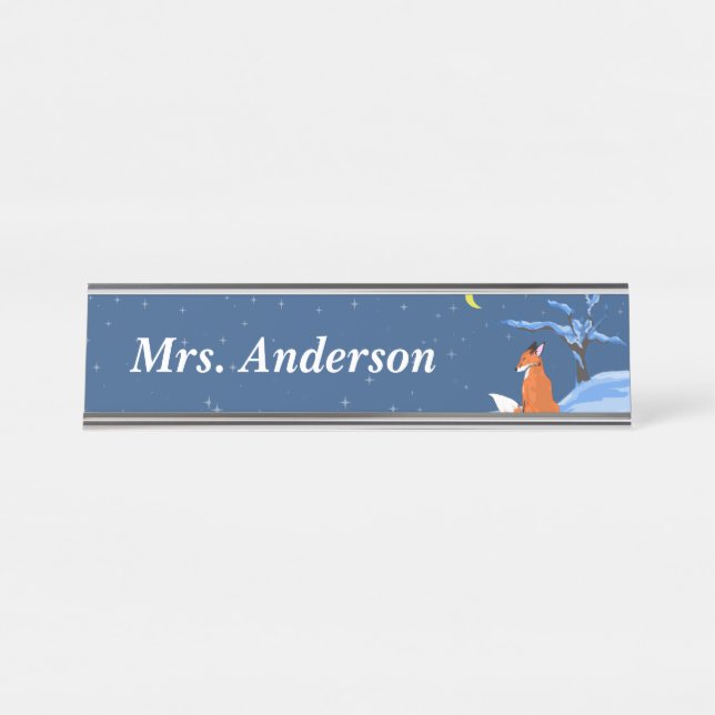 Winter Night Fox Desk Name Plate (Front)