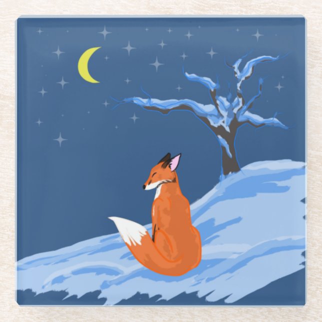 Winter Night Fox Glass Coaster (Front)