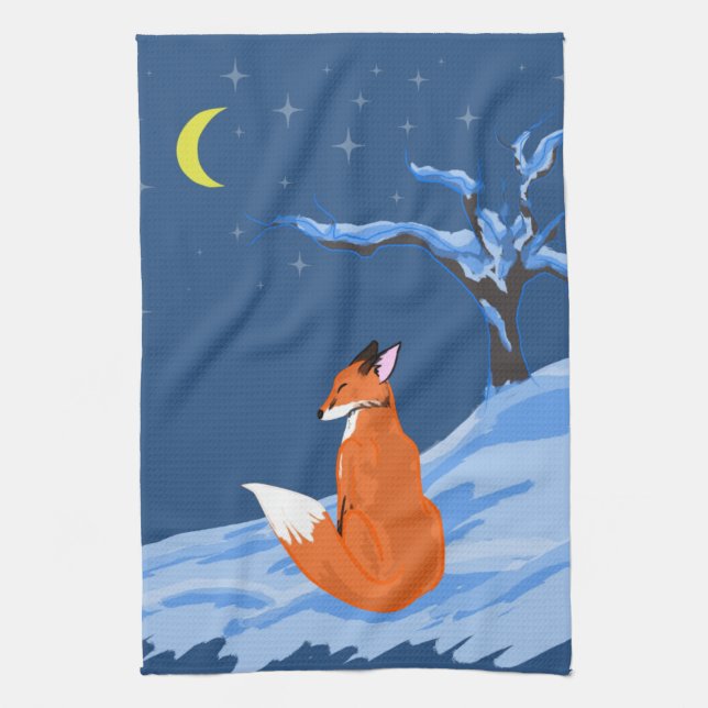 Winter Night Fox Kitchen Towel (Vertical)