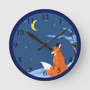 Winter Night Fox Round Clock