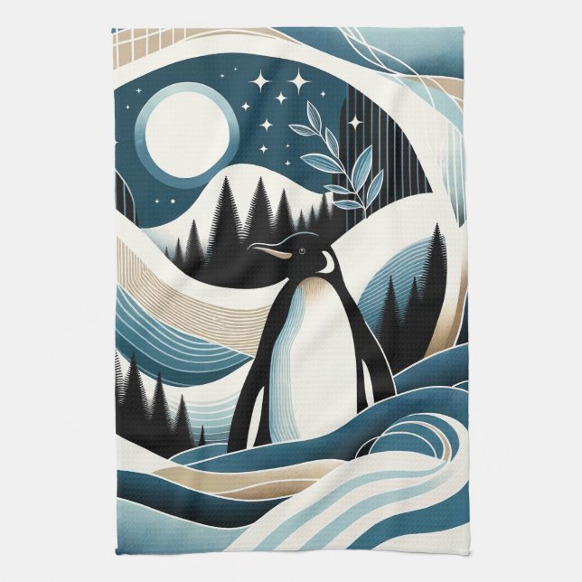 Winter Night In Blue Cream Penguin Forest Kitchen Towel (Vertical)