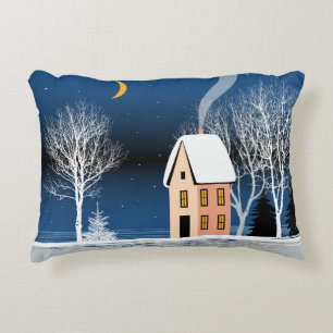Winter night landscape. Cozy house, various trees, Accent Pillow