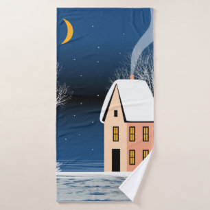 Winter night landscape. Cozy house, various trees, Bath Towel