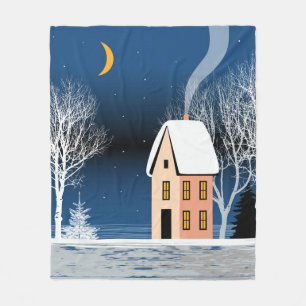 Winter night landscape. Cozy house, various trees, Fleece Blanket