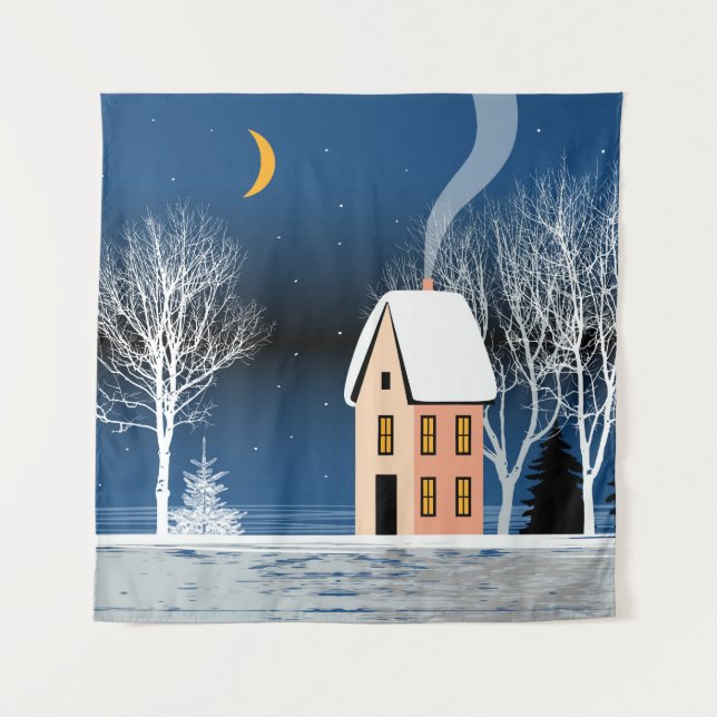 Winter night landscape. Cozy house, various trees, Tapestry (Front)