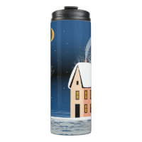 Winter night landscape. Cozy house, various trees,