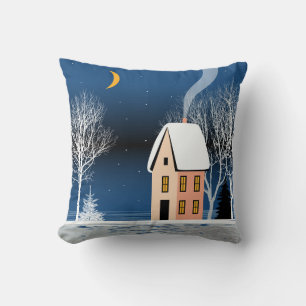 Winter night landscape. Cozy house, various trees, Throw Pillow