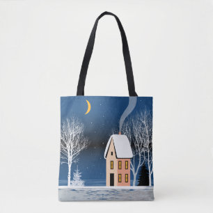 Winter night landscape. Cozy house, various trees, Tote Bag